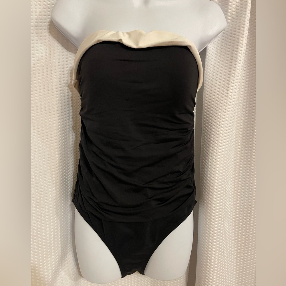 Chaps Black With White Trim Tuxedo Strapless One-piece Swimsuit Size 12